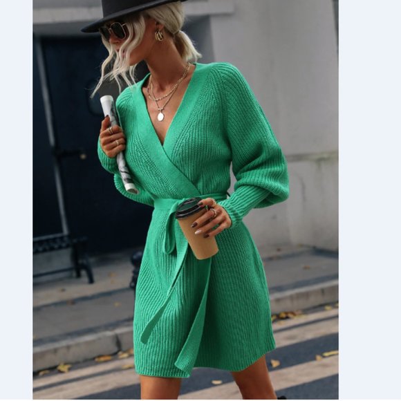 Rib-Knit Lantern Sleeve Belted Sweater Dress - Picture 12 of 16